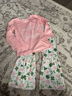 Pink "Lucky Babe" Girls'  Set with Floral Bell Pants